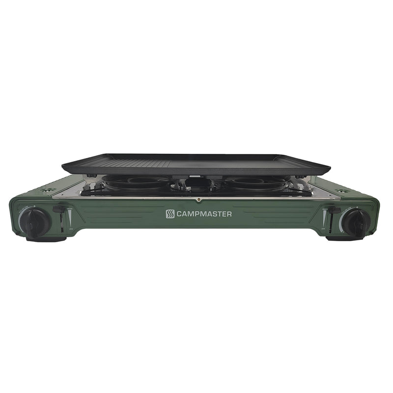 Campmaster Butane Double Burner Stove with Hotplate Green